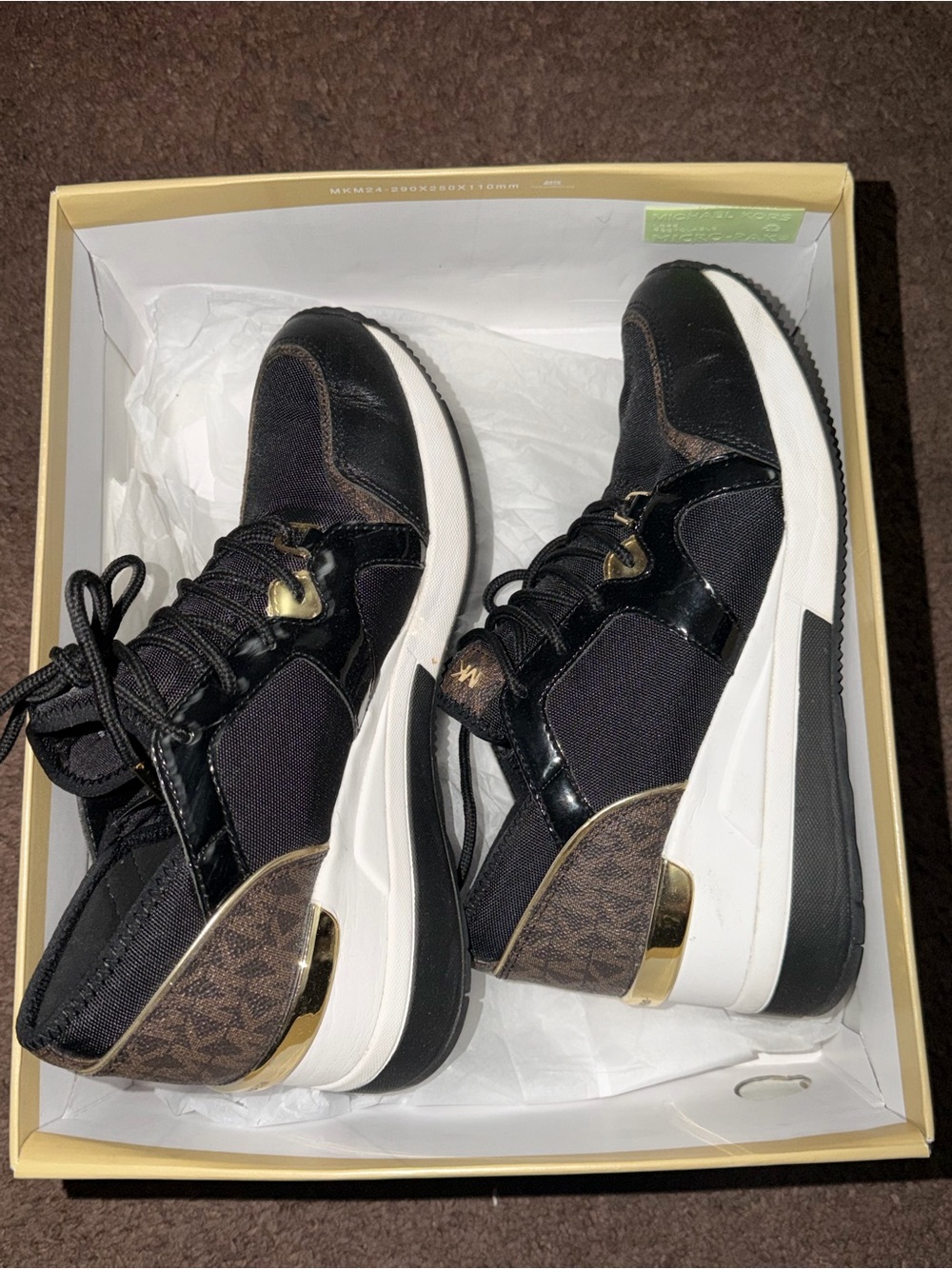 Michael Kors Black Sneakers with Brown Logo Accents and Gold Trim